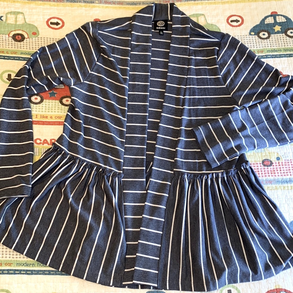 Bobeau Blue White Striped cardigan peplum style